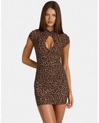 Oh Polly - Printed Mesh Mandarin Collar Cap Sleeve Bodycon Mini Dress - Lyst