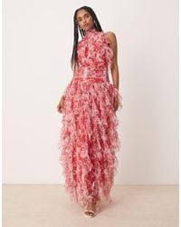 LACE & BEADS - Maxi Jurk Van Tule Met Open Achterkant, Ruches En Bloemenprint - Lyst