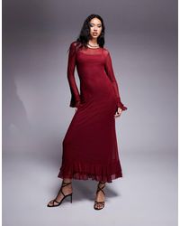 ASOS - Kanten Maxi Jurk Met Lange Mouwen, Mesh En Ruches - Lyst