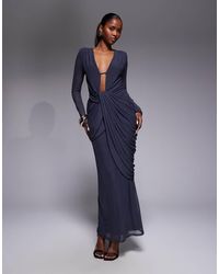 ASOS - Mesh Deep Plunge Long Sleeve Midi Dress With Draping - Lyst