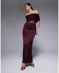 Aria Cove - Bardot Sheer Panel Drape Detail Fishtail Satin Maxi Dress - Lyst