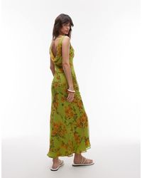 TOPSHOP - Vestito Lungo Strutturato E A Doppio Strato A Fiori Con Scollo Ad Anello - Lyst