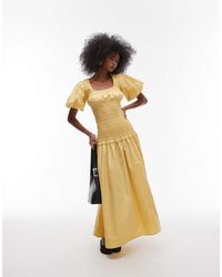 TOPSHOP - Robe froncée longue à encolure carrée et manches bouffantes - babeurre - Lyst