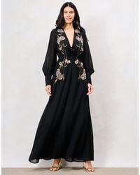 Hope & Ivy - The Lilibet Plung Front Embellished Maxi Dress With Blouson Sleeve And Front Bow Detailing - Lyst