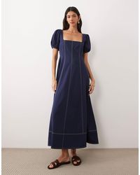 ASOS - Square Neck Puff Sleeve Maxi Dress With Contrast Stitch Seam Detailing - Lyst