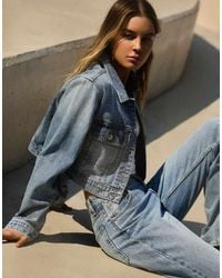 Bershka - Shimmery Cropped Denim Jacket - Lyst