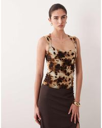 ASOS - Printed Mesh Ruched Top With Sweetheart Neckline - Lyst