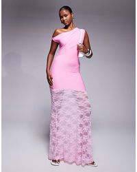 Kaiia - Exclusive Double Layered Slinky Twist Off Shoulder Asymmetric Sheer Lace Skirt Maxi Dress - Lyst