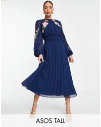 ASOS Asos Design Tall Dobby Shirred Waist Open Back Pleated Midi Dress With Embroidery - Blue