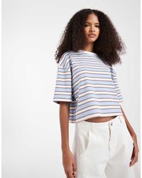 ASOS - Contrast Neck Boxy Crop Top Light Blue And Chocolate Stripe - Lyst