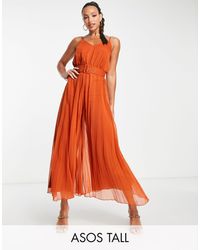 ASOS Asos Design Tall Pleated Cami Jumpsuit With Waist Belt - Orange
