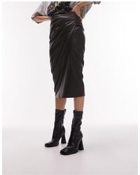 TOPSHOP Leather Look Side Tuck Pencil Midi Skirt - Black
