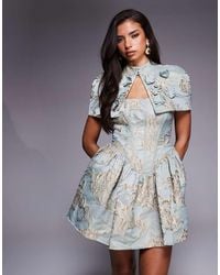 ASOS - Vestido Azul De Corte Skater Con Diseño Floral Tridimensional, Cuerpo Estilo Corsé Y Detalle De Capa De Jacquard De - Lyst
