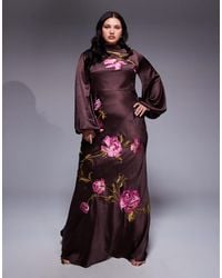 ASOS - Asos Design Curve Cowl Neck Floral Embroidered Bias Maxi Dress With Blouson Sleeve - Lyst