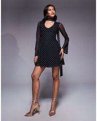 ASOS - Flute Sleeve Mesh Mini Polka Dot Dress With Scarf - Lyst