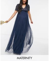 Maya Maternity Bridesmaid Short Sleeve Maxi Tulle Dress With Tonal Delicate Sequins - Blue