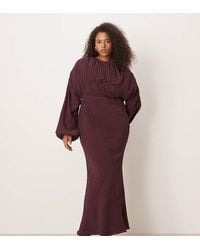 ASOS - Vestido Largo Con Cuello Redondo, Mangas Voluminosas Y Detalle De Encaje En El Pecho De Asos Design Curve-Morado - Lyst