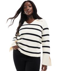 ONLY - Pull rayé en maille à col ouvert - noir et blanc - Lyst