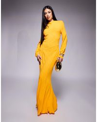 ASOS - Robe longue en lin à col montant et surpiqûres - Lyst