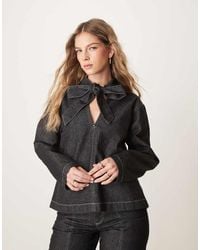 ASOS - V Neck Denim Top With Bow Tie Neck - Lyst