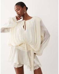 Lioness - Elements High Sheen Chiffon Drape Detail Balloon Sleeve Tie Waist Mini Dress - Lyst