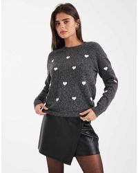 Vero Moda - Jersey Gris Oscuro Jaspeado Con Cuello Cerrado Y Estampado De Corazones De Punto Suave De - Lyst