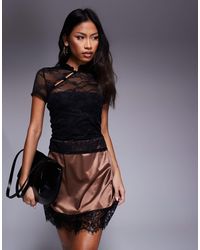 ASOS - Fitted Short Sleeve Lace Top With Rouleau Loop Button Detail - Lyst