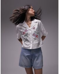 TOPSHOP - Embroidered Short Sleeve Crop Shirt - Lyst