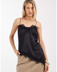 New Look - Longline Asymmetric Lace Trim Satin Cami Top - Lyst