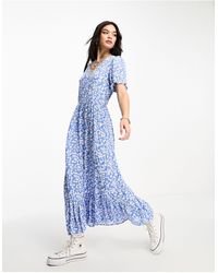 ONLY - Vestido largo azul con estampado floral, cuello - Lyst