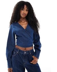 ASOS - Denim Long Sleeve Wrap Top With Pleat Cuff Detail - Lyst