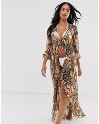ASOS Strandkimono Met Dierenprint En Strikceintuur - Bruin