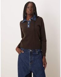 Mango - Knitted Top With Denim Collar - Lyst