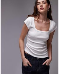 TOPSHOP - Camiseta Blanca Con Mangas De Casquillo Y Escote Cuadrado De Canalé De - Lyst