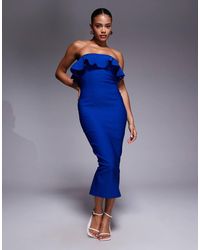 Vesper - Bandeau Foldover Frill Detail Midi Dress - Lyst