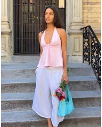 Bershka - Haltertop Van Linnenmix Met Strik - Lyst