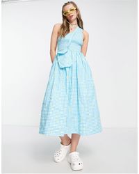 Collusion - One Shoulder Shirred Gingham Summer Midi Dress With Embroidery - Lyst
