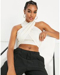 ASOS - Natural Crinkle Halter Top With Shirred Waist - Lyst