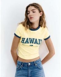Pull&Bear - T-Shirt Gialla A Coste Con Grafica - Lyst
