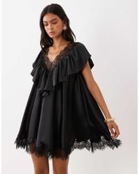 ASOS - V Neck Satin Ruffle Mini Dress With Lace Trim - Lyst