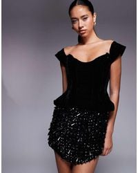 ASOS - Velvet Corset Fallen Shoulder Mini Dress With Embellished Skirt - Lyst