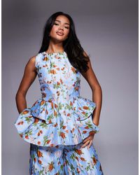 ASOS - Top Con Patrón De Jacquard Floral, Sobrefalda Y Lazo En La Espalda De (Parte De Un Conjunto) - Lyst