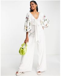 ASOS - Occasion Big Sleeve Tie Front Wide Leg Jumpsuit With Embroidery - Lyst