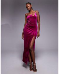 Vesper - Velvet One Shoulder Maxi Dress With Side Split - Lyst
