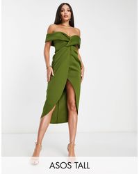 ASOS - Asos design tall - robe mi-longue torsadée sur le devant à épaules dénudées - olive - Lyst