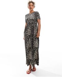 Threadbare - Midi Jurk Van Jersey Met Korte Mouwen, Verlaagde Taille En Luipaardmotief - Lyst
