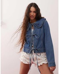 Miss Selfridge - Tie Front Frill Denim Collar Jacket - Lyst