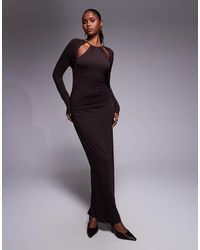 ASOS - Vestido Midi Marrón De Manga Larga Con Aberturas En El Cuello Y Diseño Con Caída De - Lyst