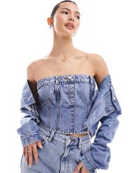Miss Selfridge - Top en jean style corset - bleu moyen délavé - Lyst