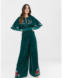ASOS Velvet Kimono Jumpsuit With Embroidery And Embellishment - Green